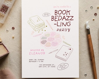 ブックベダズリングパーティー招待状テンプレート、クラフトナイト招待状、編集可能なCanva印刷用テンプレート、ブッククラブ女子会招待状