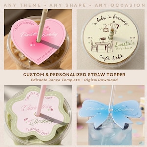 May include: Four custom straw toppers in heart, circle, flower, and bow shapes. The heart is pink with text, the circle features a cafe illustration with text a baby is brewing, the flower is light green, and the bow is blue. Each topper has a centre hole.