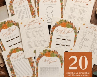 Fall Little Pumpkin Baby Shower Editable Canva Games Bundle | Rustic Autumn Printable Templates | Whimsical Botanical Activity Cards Pack