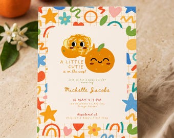 A Little Cutie Baby Shower Invitation, Tangerine Mandarin Orange Invite, Citrus Baby Shower Invite, Editable Canva Template