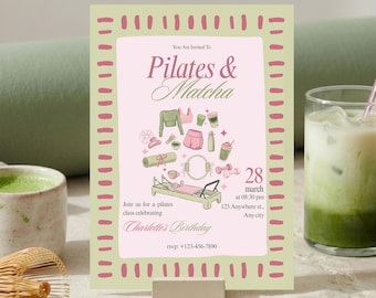 ピラティスと抹茶の誕生日招待状テンプレート、ピラティスの誕生日ブランチパーティー招待状、ピンクのウェルネスパーティー、編集可能なCanvaテンプレート
