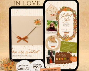 Falling in Love Bridal Shower Website Invitation Online Canva RSVP | Romantic Fall Digital Invite | Rustic Autumn Mobile Shareable Evite