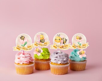 Editable Bee Cake Topper, 1st Birthday Bee Printable Cupcake Topper, Custom One Decor, First Honey Bee-day Centerpiece, Boho Girl Bday, S1