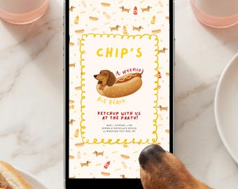 A Weenie Bit Older Birthday Invitation, Dachshund Hot Dog Party Invite, Kids Dog Birthday Invite, Editable Template