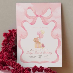 Somebunny is Turning Two Editable Second Birthday Invitation Template, Girls 2nd Bday Party, Pink Bow Easter Coquette Ribbon Floral Rabbit