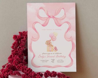 Somebunny is Turning Two Editable Second Birthday Invitation Template, Girls 2nd Bday Party, Pink Bow Easter Coquette Ribbon Floral Rabbit