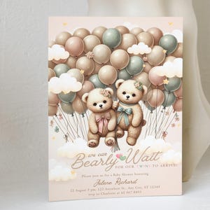 Editable Twin Boy and Girl Teddy Bear Baby Shower Invitation, Boho Sage Green Pink Bear Balloon Invite, Minimalist We Can Bearly Wait Card
