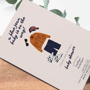 Blue Jean Baby Shower Invitation Template, Personalized Boho Denim Outfit, It&#39;s A Boy Invite, Denim Theme Party Card, Rustic Sprinkle Evite