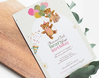 Twins Beary First Birthday Party Invitation Template, Baby Boy and Girls 1st Bday Evite, Sage Green Pink Bear Theme Invite, Joint Birthday
