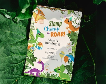 May include: A colorful dinosaur birthday party invitation with the text "Stomp Chomp and ROAR! Alan is turning 5!"  The invitation features a green, orange, purple, and blue dinosaur with party hats. The invitation also includes the date and time of the party.