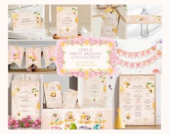 First Beeday Bundle, Girls 1st Birthday Pack, Bee Day Party Package, Honey Bee Bday Set, Boho Floral Bumble Bee Decor, Party Collection, S1
