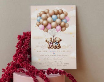 Editable Twin Boy and Girl Teddy Bear Baby Shower Invitation, Twin Teddy Bears in Hot Air Balloon Invite, Minimalist We Can Bearly Wait Card