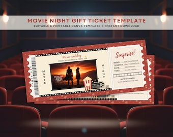 May include: A movie night gift ticket template in red and cream. The design includes a movie scene graphic, popcorn, and a film reel. Text on the ticket reads "Movie Night Gift Ticket Template" and "Surprise!"