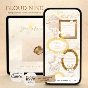May include: A digital baby shower invitation website template displayed on a tablet and smartphone. The design features gold frames, a hot air balloon, a teddy bear, and a baby carriage illustration on a cream background with stars.