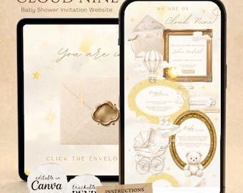 Modelo de convite para chá de bebê "Nuvem Nove", tema onírico "Nuvem Nove" no Canva, chá de bebê celestial em tons neutros com formulário de confirmação de presença no Canva.