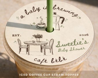 Baby Is Brewing Straw Topper, Coffee Baby Shower Cup Topper, Cafe Bebe Iced Coffee Decor, Editable Canva Template