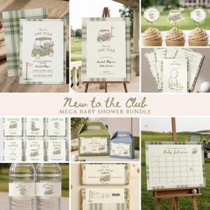 May include: A golf-themed baby shower bundle featuring a green plaid pattern, illustrations of golf carts, and the text New to the Club. Includes invitations, signage, cupcake toppers, favor boxes, water bottle labels, and a baby shower calendar.