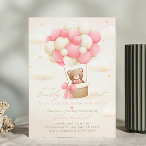 Convite editável para chá de bebê de ursinho rosa, convite We Can Bearly Wait, cartão de balão de ar quente rosa para meninas, fofo, boho, minimalista