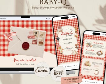 Baby-Q Barbecue Baby Shower Invitation Website, Backyard BBQ Themed Digital Invite, Vintage Country Picnic Cookout Event Website Template