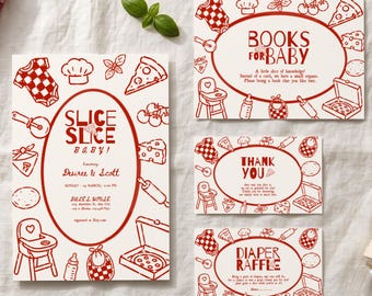 Slice Slice Baby Shower Invitation Bundle, Special Delivery Pizza Invite Set, Retro Italian Pizzeria Books for Baby Diaper Raffle Thank You