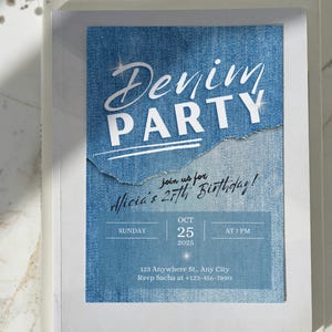 Denim Birthday Party Invite, Jean Bday Invitation, Blue Jeans and Bling Flyer, Country Boho 90&#39;s Template, Western Glam Card, Denim Theme