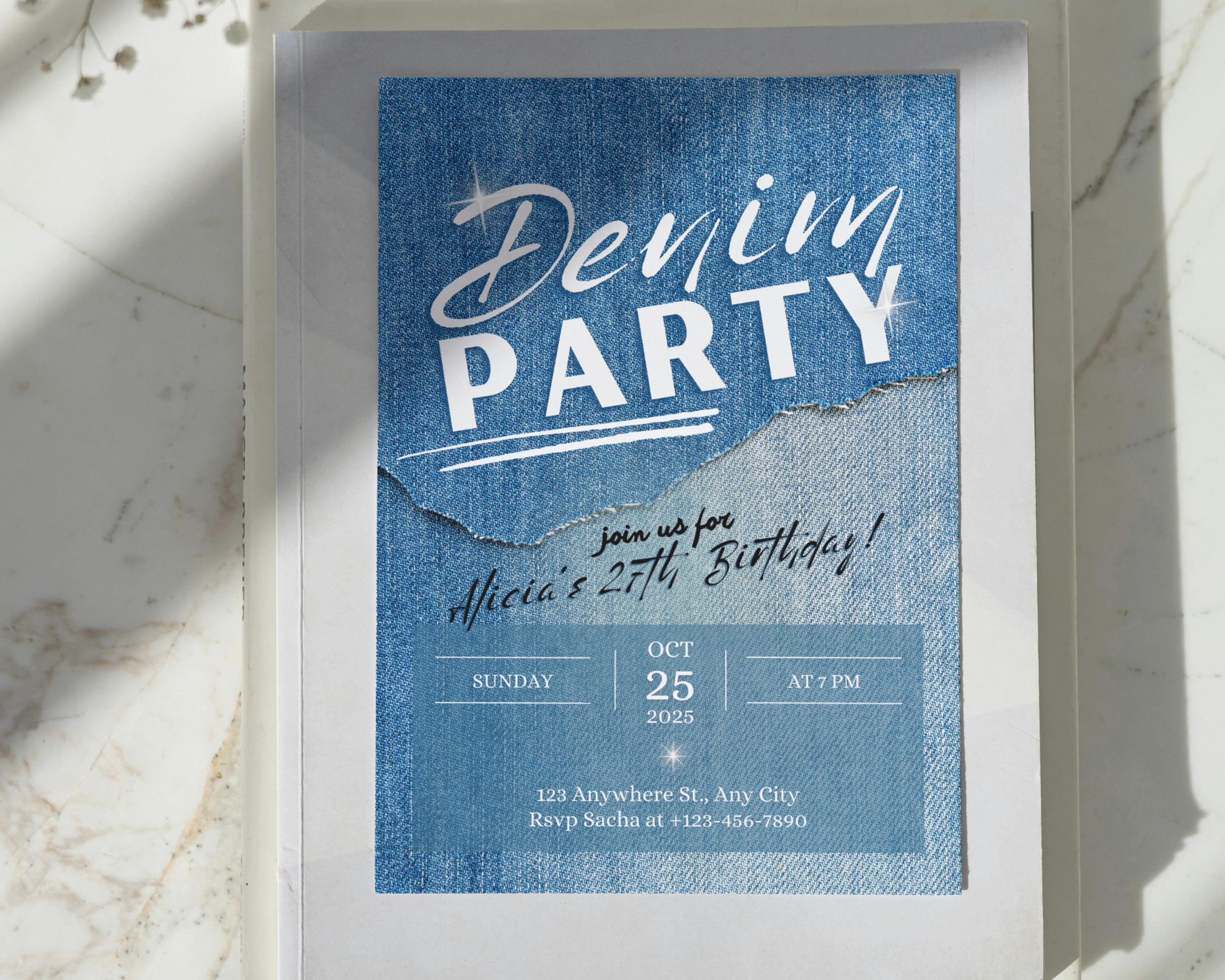 Denim Birthday Party Invite, Jean Bday Invitation, Blue Jeans and Bling Flyer, Country Boho 90's Template, Western Glam Card, Denim Theme