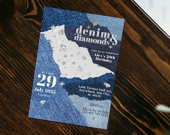 Denim and Diamond Birthday Invitation, Denim Diamonds Bday Party, Luxury Sparkle Flyer, Disco Cowgirl Invite, Blue Jeans Card Canva Template