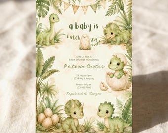 Um bebê está prestes a nascer! Convite para chá de bebê com tema de dinossauro bebê, convite fofo em aquarela para chá de bebê, tema dinossauro da floresta para Canva e Evite.