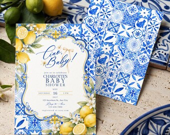 チャオ ベビーシャワー招待状、アマルフィ海岸 レモン 地中海 シトラス テンプレート (デジタルダウンロード)