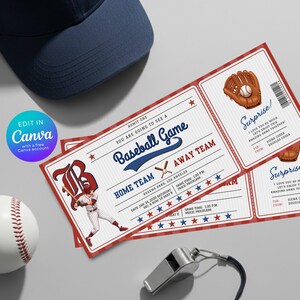 Puede incluir: Diseño de boleto de juego de béisbol con una pelota de béisbol, un guante de béisbol y una gorra de béisbol azul marino. Los boletos tienen un borde rojo y blanco con las palabras "Baseball Game" y "Home Team". Los boletos también dicen "Edit in Canva".
