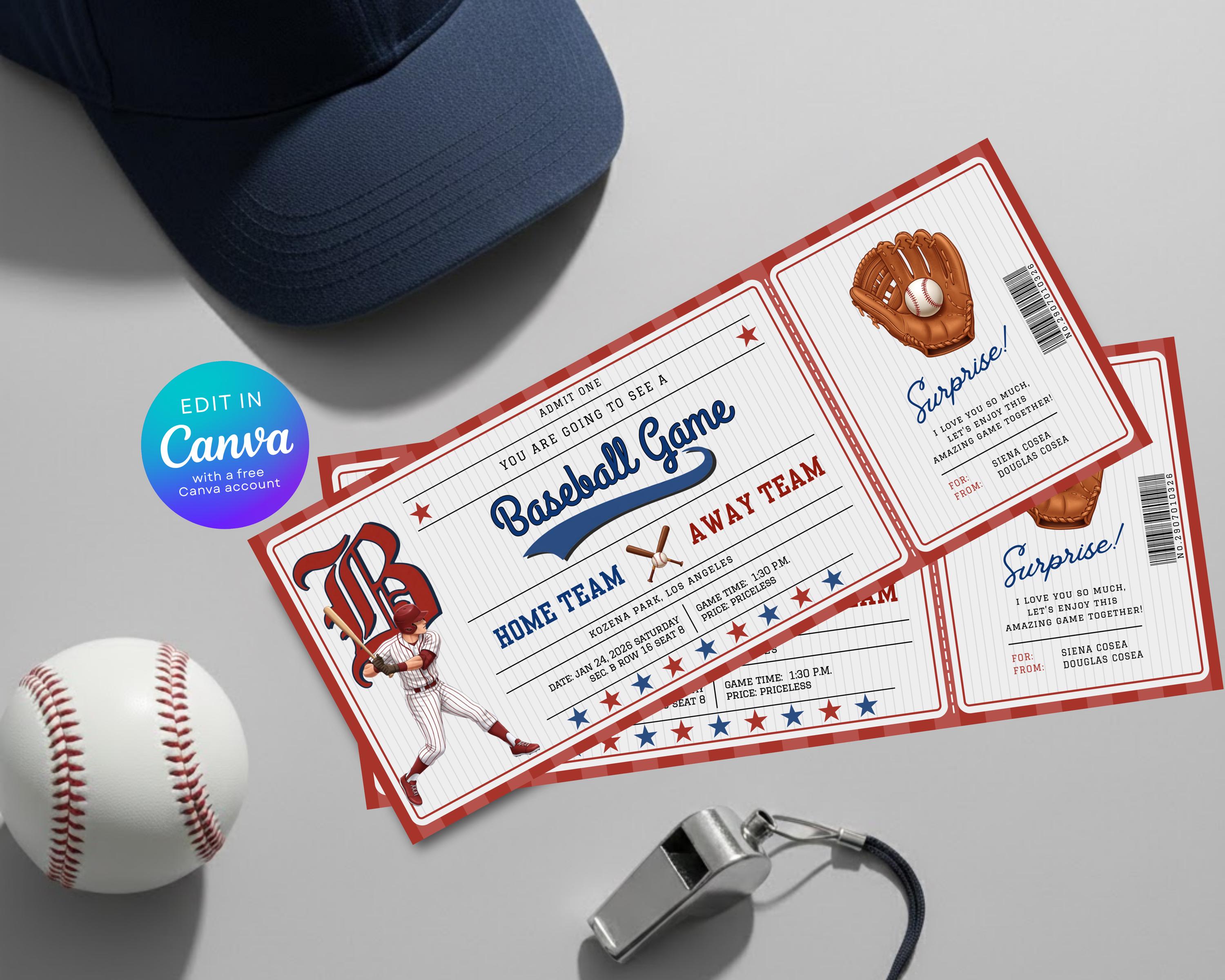 Editable Baseball Ticket Template, Surprise Baseball Keepsake Gift ...