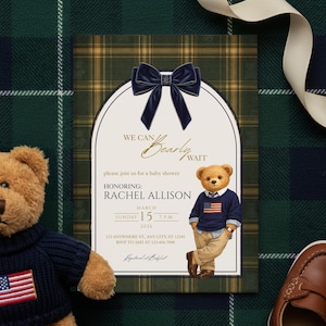 May include: Baby shower invitation with a navy blue bow and a teddy bear graphic. The invitation features the text "We Can Bearly Wait" and details for Rachel Allison's baby shower, including the date, time, and location.