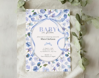Boy Baby in Bloom Baby Shower Invitation Template, Dusty Blue Watercolor Floral Invite, Editable Boys Baby in Bloom Card, Wildflower Border