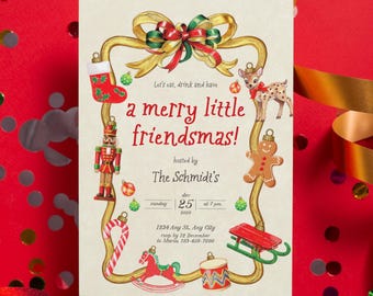 Merry Little Friendsmas Christmas Party Card Invitation | Vintage Retro Traditional Xmas Invite Template | Nostalgic Classic Whimsical Evite