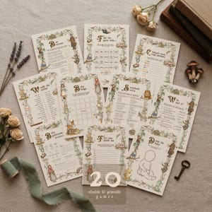 May include: A set of 20 editable and printable baby shower games. The cards have whimsical illustrations and text within a decorative border. Games include "Baby Bingo" and "Draw the Baby". The text reads "editable & printable games".