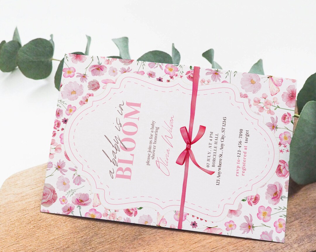 Spring Invitations Bloom Editable Baby in Bloom Baby Shower Invitation, Boho Pastel Blush Pink ...