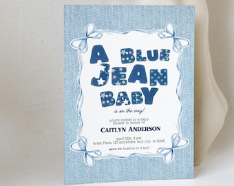 A Blue Jean Baby is on The Way Baby Shower Invitation Template, Boho Denim Boy and Girl Sprinkle Evite, Rustic Country Theme Baby Brunch