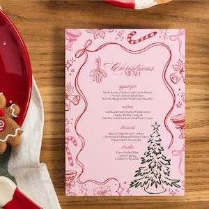 Różowy szablon menu świątecznego, menu kolacji świątecznej, karta menu na imprezę świąteczną, karta menu świątecznego, fantazyjny ręcznie rysowany szablon menu, Canva