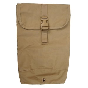 May include: Tan-colored tactical pouch with a flap closure and a buckle. The pouch has a rectangular shape with a rounded top and a small grommet at the bottom. The material appears to be a durable, lightweight fabric.