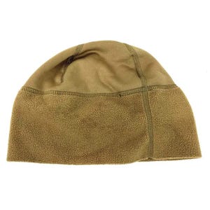May include: A brown fleece beanie with a fold-over brim. The beanie is made of a soft, warm material and is perfect for cold weather.