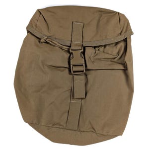 May include: A tan-colored, military-style pouch with a flap closure and adjustable strap. The pouch features a plastic buckle and a drawstring closure at the top. The bag is made of a durable, lightweight material.