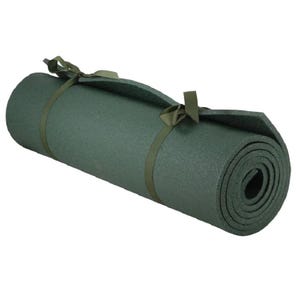 May include: Rolled-up green camping mat with olive green straps. The mat is made of a dense foam material and is secured with two straps and buckles. The mat is designed for outdoor use and provides a comfortable surface for sleeping or sitting.