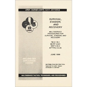 May include: A cream-colored manual titled "Survival, Evasion, and Recovery." The cover features military emblems and text including "Multiservice Procedures" and "June 1999." The manual is for the Army, Marine Corps, Navy, and Air Force.