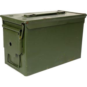 May include: An olive green metal ammunition box with a hinged lid and a handle. The box has a rectangular shape with rounded corners and a latch closure. The exterior shows signs of wear.