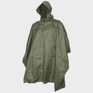 May include: Olive green hooded poncho with a front zipper and snap closures. The lightweight rainwear features a hood and a loose, flowing design. This outdoor gear is designed to protect the wearer from the elements.