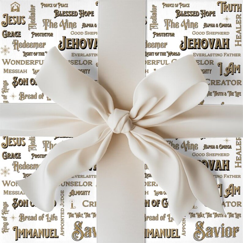 May include: A gift box wrapped in white paper with a large ivory bow. The paper is printed with religious words in gold and black, including "Jesus," "Jehovah," and "Savior." The bow is tied in a classic style, adding a touch of elegance.