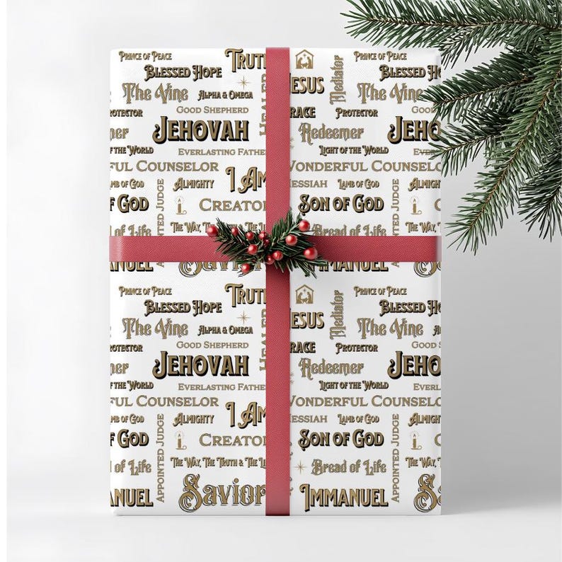 May include: White gift wrap with religious text in black and gold, including "Jehovah" and "Jesus". A red ribbon and a sprig of berries and greenery adorn the wrapped gift, perfect for a Christmas or religious occasion.