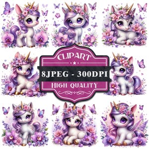 Purple Orchid Unicorn Clipart: 300 DPI JPEGs (Digital Download)