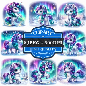 Northern Lights Unicorn ClipArt| Set of 8 | High Quality 300 DPI JPEG | Printable Clipart | Personal and Commercial Use |Sublimation Design