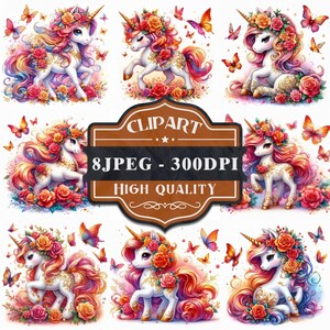 Floral Unicorns Clip Art| Set of 8 | High Quality 300 DPI JPEGs | Printable Clip art | Personal and Commercial Use |Sublimation Design